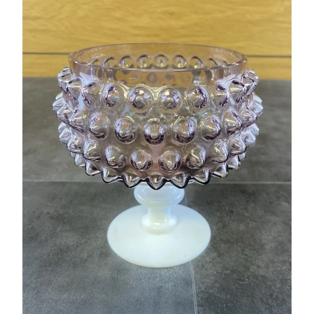 VTG Imperial MCM Amethyst Purple Hobnail Milk Glass Pedestal Candy Dish